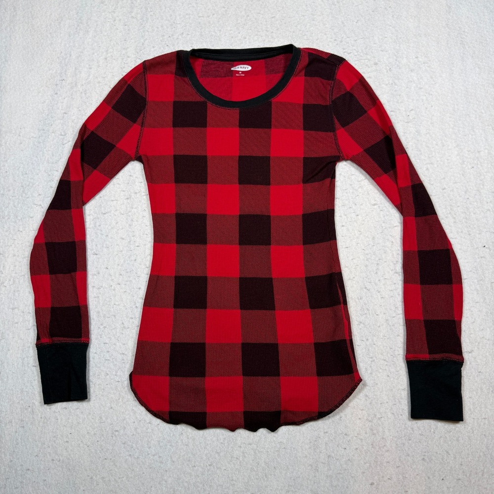 Old Navy Womens XS Buffalo Plaid Thermal Knit Long Sleeve Top Red Black Waffle